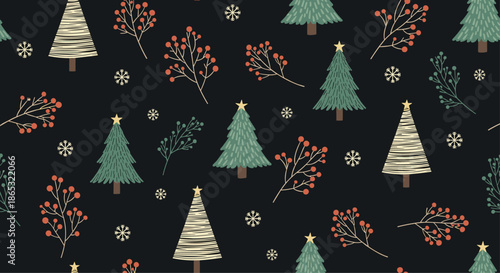 Decorative seamless pattern with stylized Christmas trees red berry branches snowflakes and stars on a deep dark background.