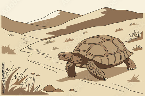 Desert Tortoise Walking Slowly Across Arid Landscape