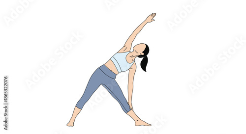 Woman practicing yoga in extended triangle pose with one arm reaching overhead and the other hand touching the ankle during a graceful balance stretch.