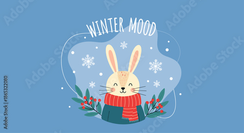 Winter mood illustration shows a cheerful bunny wearing a red scarf among falling snowflakes on a blue background that feels cozy.