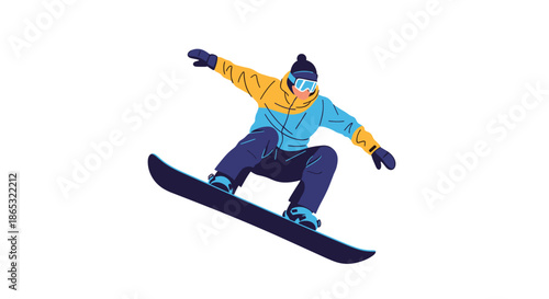 Snowboarder in bright jacket and beanie performs a dynamic mid air trick during a high energy jump on a snowy slope with protective gear and goggles.