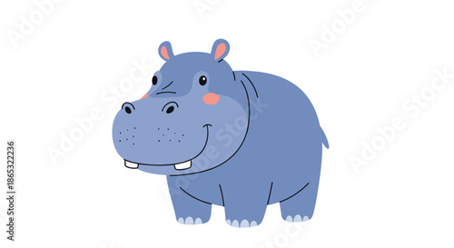 Bright blue hippo character stands on sturdy short legs with a big friendly grin and rosy cheeks in a cheerful playful cartoon illustration.