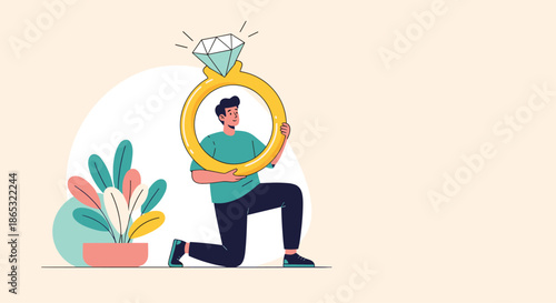 Joyful man kneels while presenting a giant ring with a diamond beside a leafy plant in a warm illustration with soft peach background.