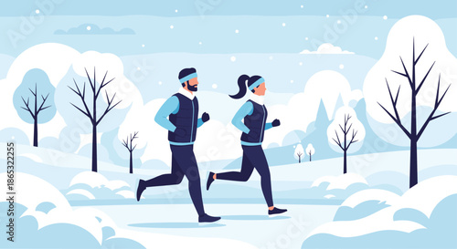 Two people in winter athletic gear run through a snowy landscape under pale blue skies as trees stand bare and snow covers the ground.