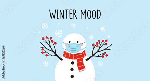 Playful winter scene shows a smiling snowman wearing a mask and a red scarf under a pale blue sky with gentle falling snowflakes.