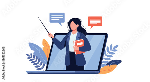 Online teaching session with a presenter delivering a lesson from a laptop screen using a pointer and a book in a collaborative virtual classroom.