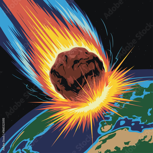  Fiery meteor flying through space with blazing flames, cosmic asteroid illustration on dark background, dramatic celestial impact concept