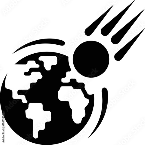 Simple icon shows asteroid approaching Earth symbolizing planetary danger cosmic impact threat extinction event and space disaster warning