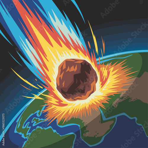  Fiery meteor flying through space with blazing flames, cosmic asteroid illustration on dark background, dramatic celestial impact concept