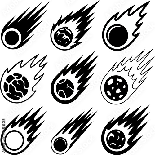 Minimal meteor and fireball icons streak through space symbolizing speed impact danger astronomy motion energy and cosmic threats