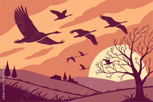 Flock of Birds Flying Over Hilly Landscape at Sunset