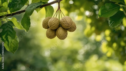 Fresh green walnuts attached to a tree branch, highlighting the early stage of fruit development