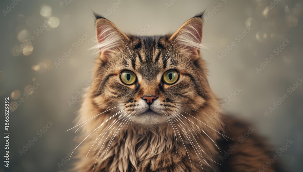 Obraz premium Studio portrait of an adult tabby cat with expressive green eyes, facial details and fur texture, International Cat Awareness Day