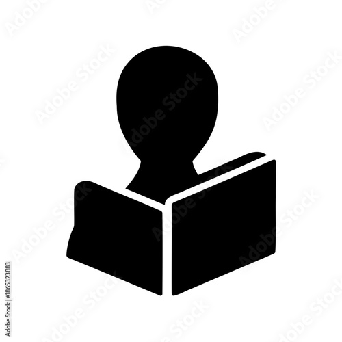 A simple black silhouette icon depicting a person engaged in reading an open book