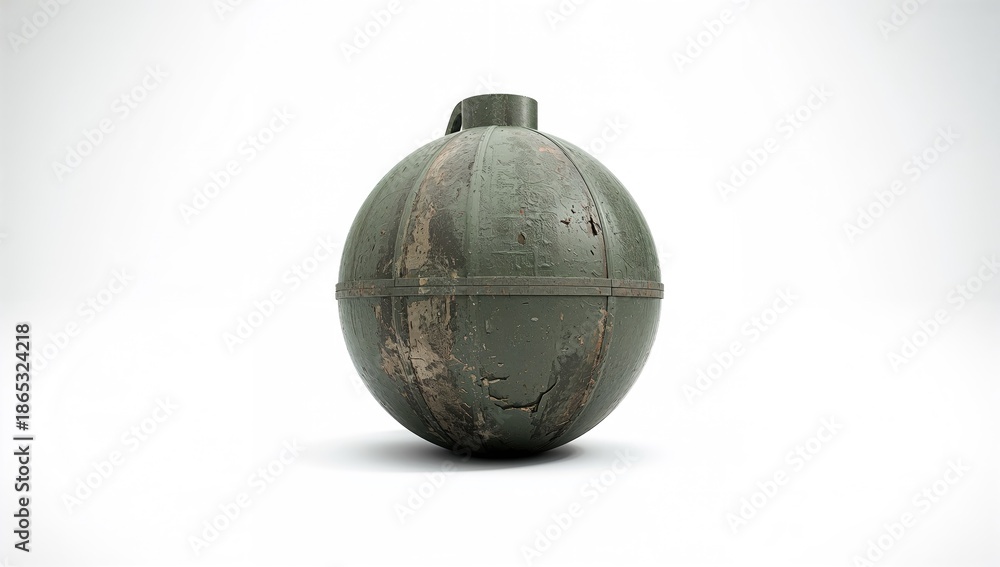Fototapeta premium Second world war era military ordnance in bright green on plain white backdrop, highlighting wartime weaponry