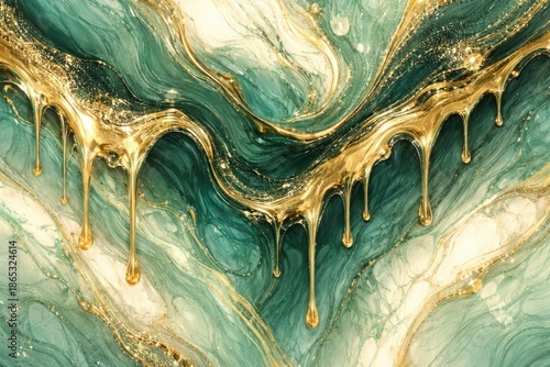 Panel kuchenny z motywem Golden toned jade green fluid abstract featuring dynamic dripping waves and marble texture suited for creative backdrops