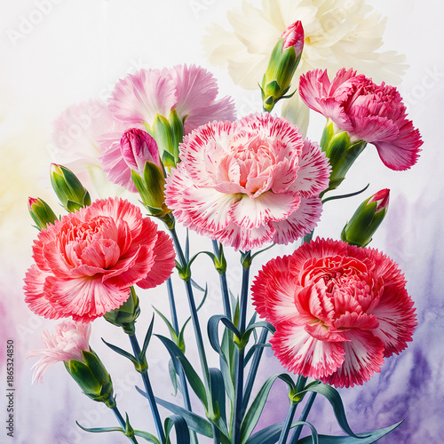 Watercolor Painting of Carnations with Ruffled Petals and Buds
