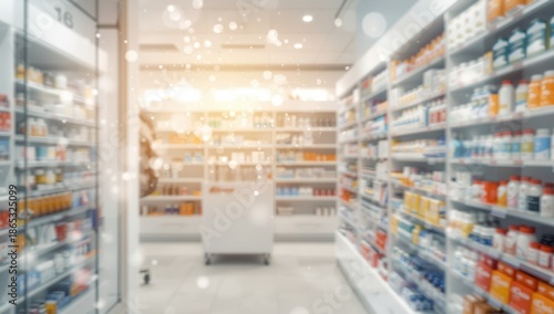 Interior of a pharmacy with shelves stocked with medications, ideal for background use in healthcare layouts