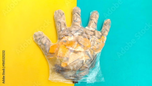 High angle of a glove wrapped around peanut shells, orange peels, and banana peels on a yellow and turquoise background.