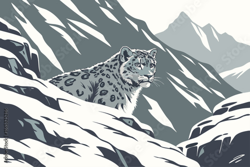 Majestic Snow Leopard in Snowy Mountain Landscape