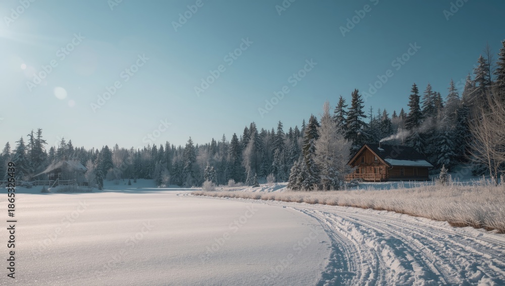 Fototapeta premium Winter scene featuring snow-covered fir trees, bright blue sky, and chimney smoke, highlighting seasonal climate