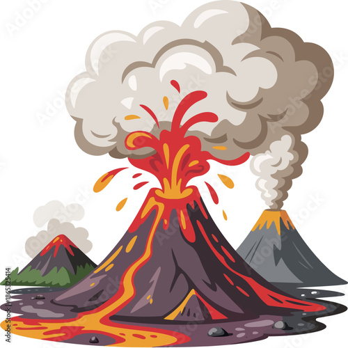 Colorful cartoon illustration of erupting volcano with flowing lava, ash clouds, and mountains, depicting powerful natural disaster and geology concept.
