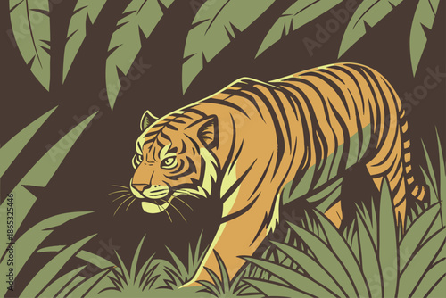 Majestic Tiger Strolling Through Lush Jungle Foliage