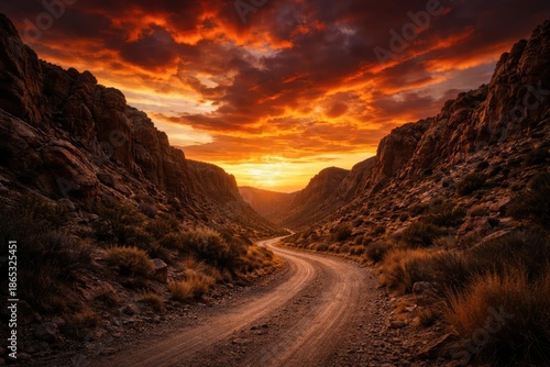 Wallpaper Mural Burning sunset sky over a meandering dirt road enclosed by rocky cliffs with dramatic landscape and clear copy space Torontodigital.ca