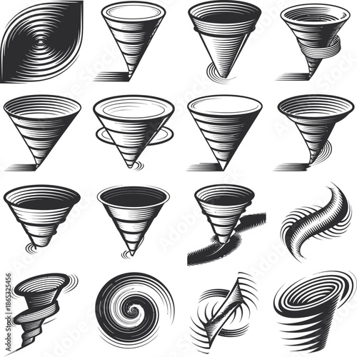 Set of black and white tornado vortex silhouettes showing different spiral shapes, abstract weather icons for disaster and storm design.