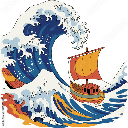 Stylized illustration of a small wooden sailboat confronting a massive ocean wave, symbolizing adventure, danger, courage, and maritime journey.