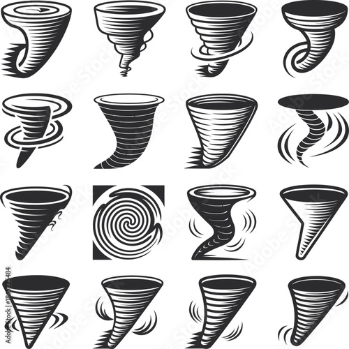 Set of black and white tornado vortex silhouettes showing different spiral shapes, abstract weather icons for disaster and storm design.