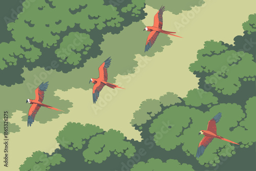 Vibrant Red Macaws Soaring Above Tropical Jungle Canopy