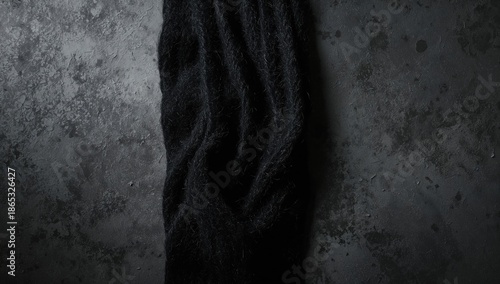 Black wool-look acrylic twill scarf featuring dense weave and prominent textured threads, winter accessory