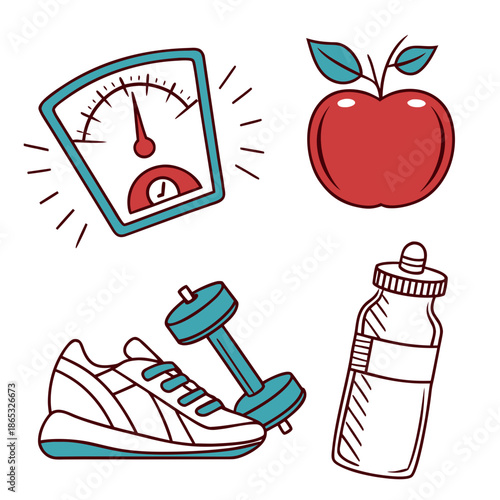 Health and fitness icons set for wellness and weight management. Vector symbols for healthy lifestyle, diet, and exercise. Includes scale, apple, dumbbell, and water bottle.