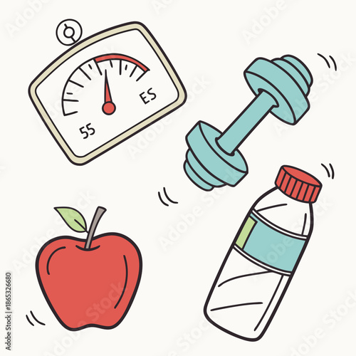 Health and fitness icons set for wellness and weight management. Vector symbols for healthy lifestyle, diet, and exercise. Includes scale, apple, dumbbell, and water bottle.