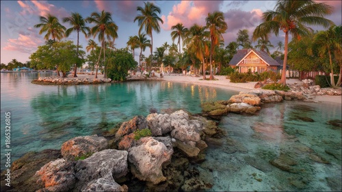 Tropical coastal landscape features clear turquoise water, palm trees, and a seaside cottage at sunset