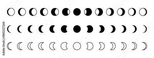 Collection of Moon phases. Lunar calendar cycle infographic. New, quarter, waning and full Luna silhouettes isolated on white background. Astrology or mystic sings. Vector graphic illustration