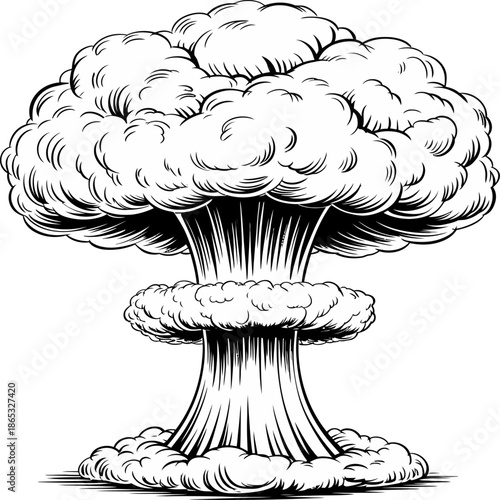 Black and white illustration of a nuclear explosion mushroom cloud, representing atomic blast, destruction, danger, and catastrophic power symbolism.