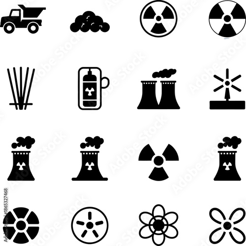 Collection of black nuclear weapon and radiation hazard icons depicting missiles, reactors, explosions, power plants, and warning symbols set.