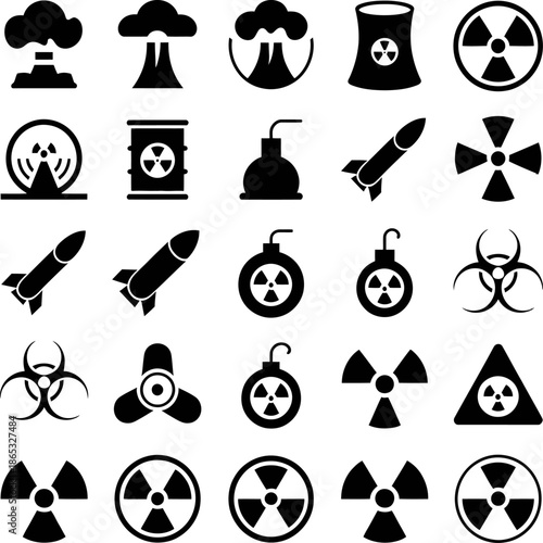 Collection of black nuclear weapon and radiation hazard icons depicting missiles, reactors, explosions, power plants, and warning symbols set.