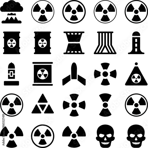 Collection of black nuclear weapon and radiation hazard icons depicting missiles, reactors, explosions, power plants, and warning symbols set.