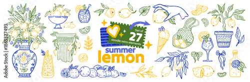 Lemon limoncello cocktail. Mediterranean Italian summer watercolor sketch. Amalfi or Sicily coast hand drawn illustration. Lemon and limoncello drink glass. Wine doodle Italy beach bg. Fruit tree vase