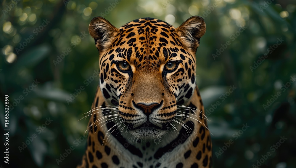 Fototapeta premium A sleek jaguar resting in a lush jungle setting, emphasizing natural camouflage for wildlife preservation awareness