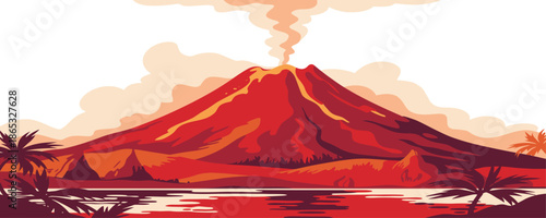 Colorful digital illustration of erupting volcano at night with glowing lava, tropical palm trees, dramatic sky, fantasy landscape scene