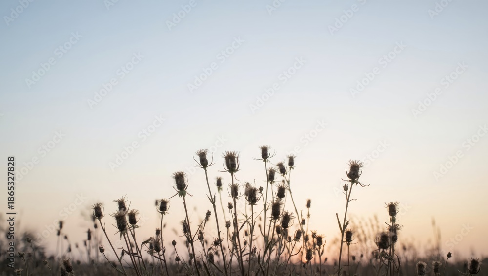 Obraz premium Dried teasels with a clear sky, used as a decorative element in botanical illustrations or nature-themed layouts