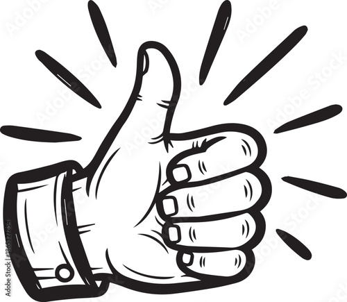 Hand drawn illustration of a human hand gesturing a thumbs up, symbolizing agreement, success, and positive feedback