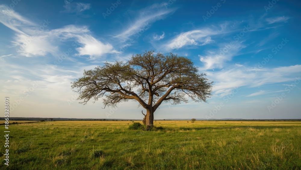 Obraz premium Dry African terrain with an iconic Acacia tree, highlighting environmental preservation