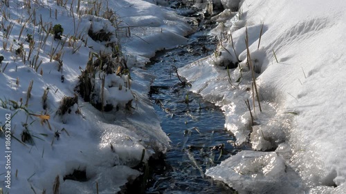 Spring stream winds through deep snow banks. Clear water reflects the blue sky, contrasting with white snow and dry grass. A peaceful scene of the seasonal thaw and nature awakening in sunlight.