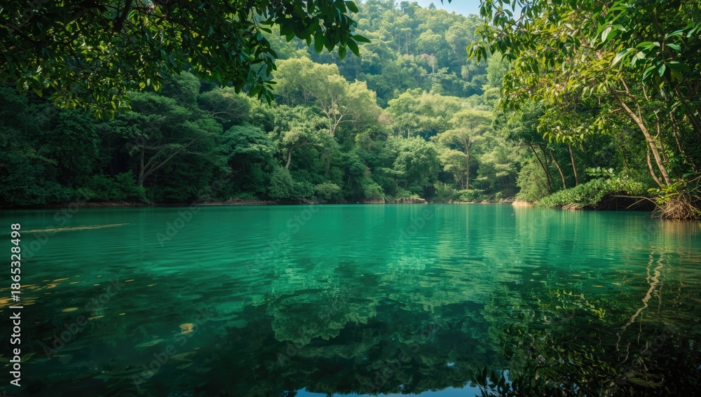 Obraz premium Tropical rainforest scene featuring water, trees, and aquatic life, ideal for nature-themed UI backgrounds