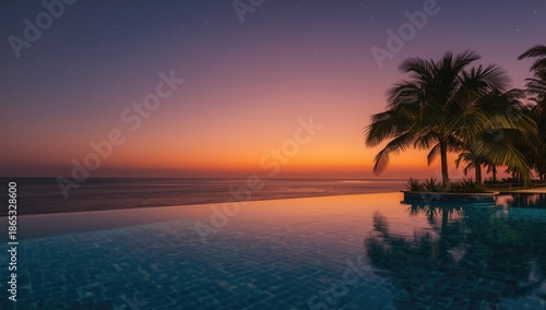 Tropical resort featuring an infinity pool with sunbeds and palm trees, suitable for leisure and sunset views, World Tourism Day